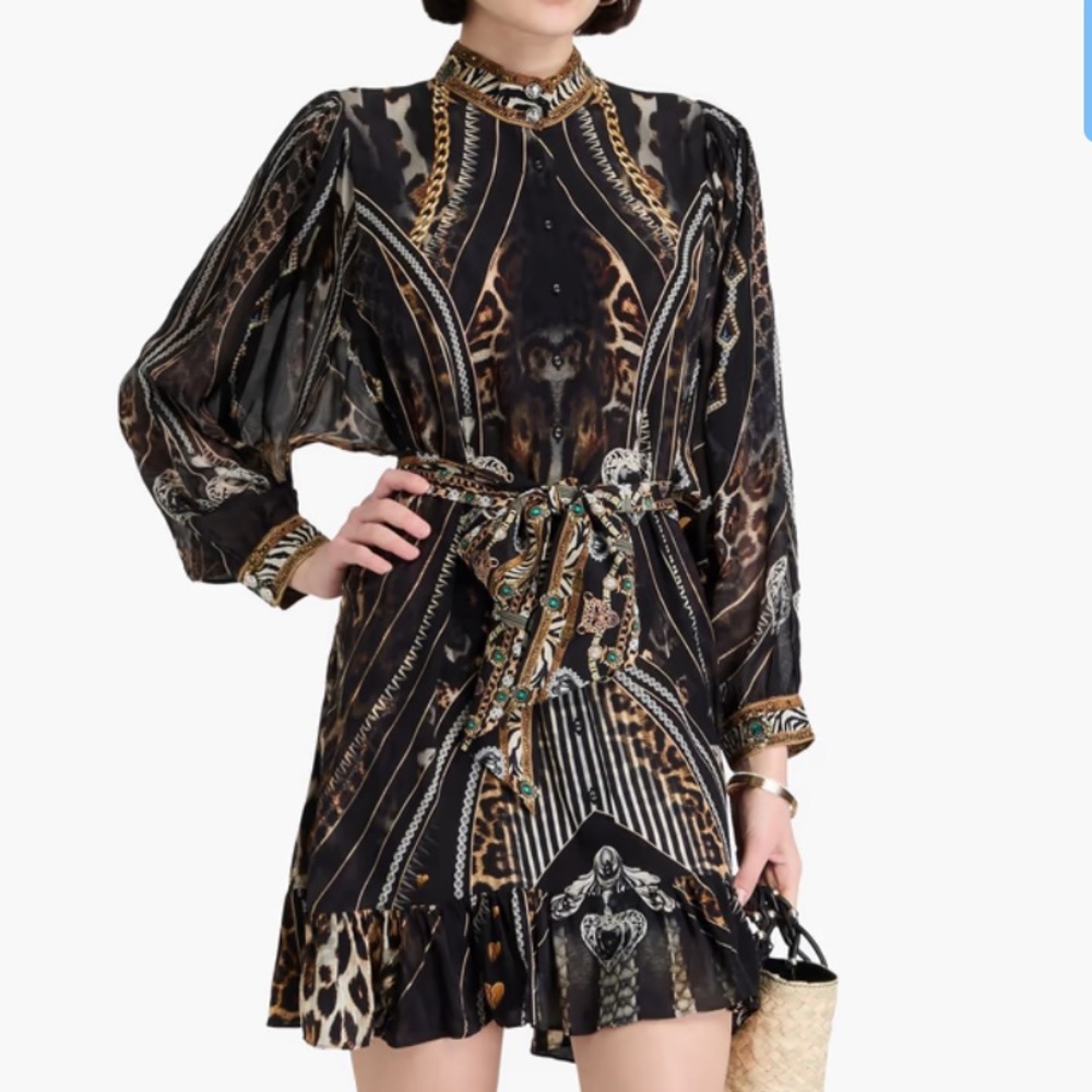 CAMILLA Belted Printed Silk Mini Dress